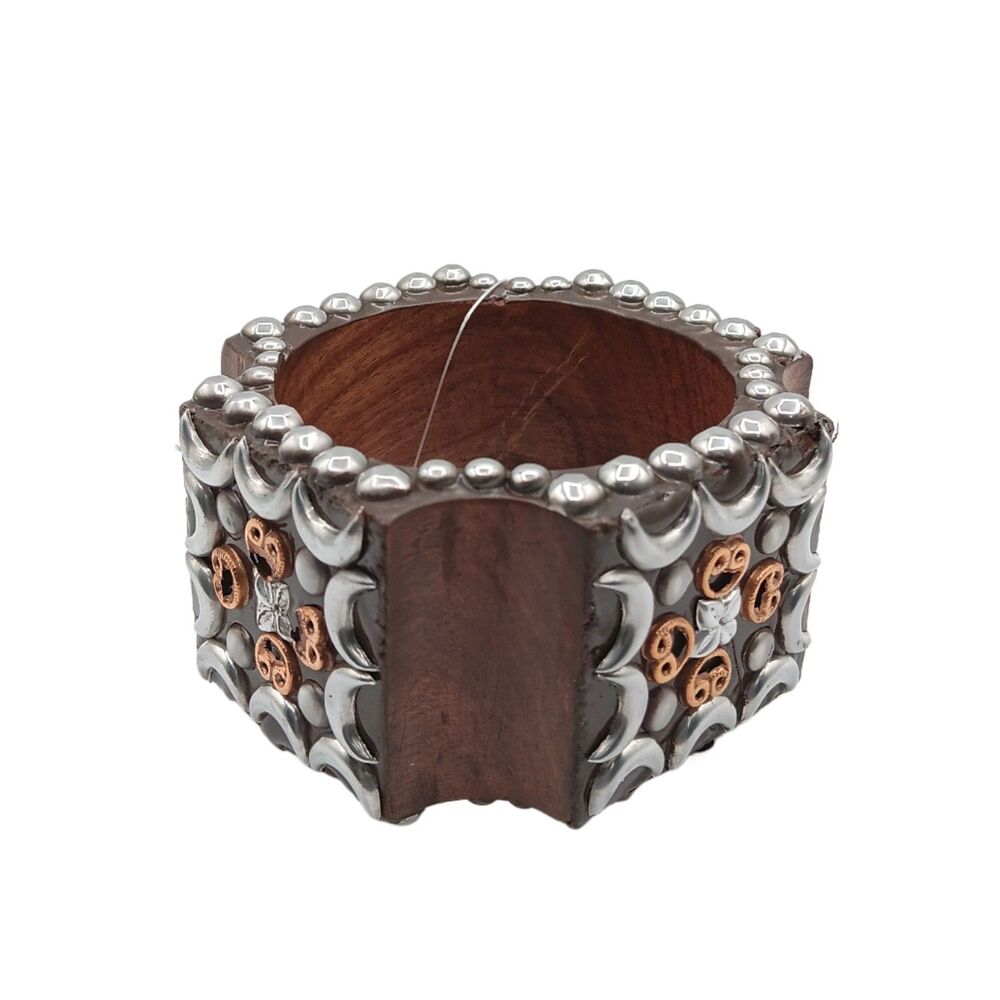 Antika Collection Silver Stud & Moon Carved Wood Bangle Bracelet 2” Wide Chunky